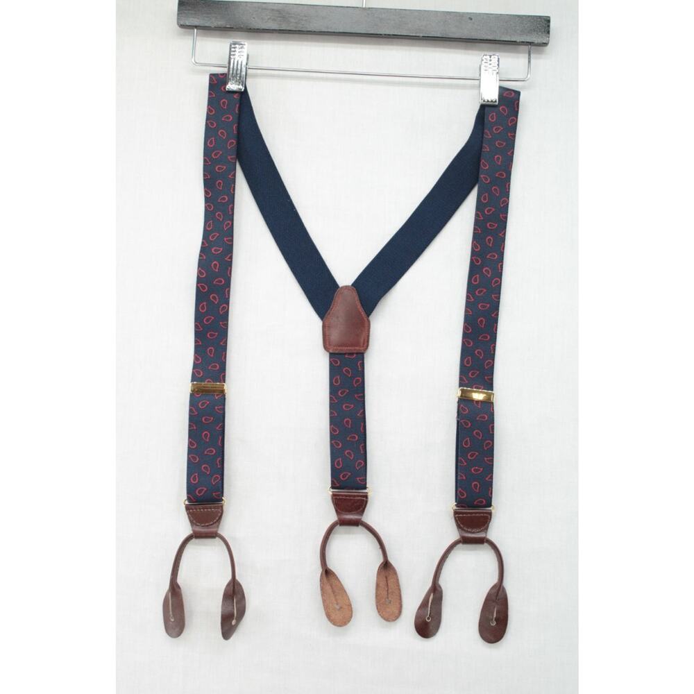 Vintage CAS W Germany Suspenders Blue Red Drops Elastic Leather Gold Tone